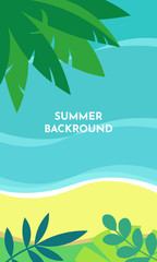 Vector design template, background with copy space for text - summer landscape - background for banner, greeting card, poster and advertising - summer vacation concept. Top view of plants, sand, sea