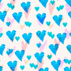 Fototapeta na wymiar Seamless blue pattern with hand drawn hearts. Abstract white background. Image for a poster or cover. Repeating texture. Figure for textiles.Valentines day. Sketch sybol. Scrapbook paper.