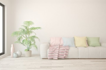 Fototapeta na wymiar Neutral room in white color with sofa. Scandinavian interior design. 3D illustration