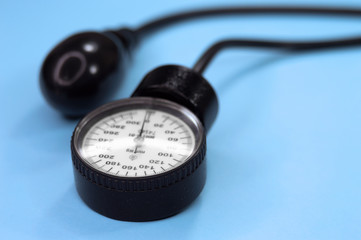 Stethoscope attributes medical,health care ,cardiac care on above blue background top view