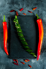 fresh spicy green pepper sliced, cayenne and fresh red peppers