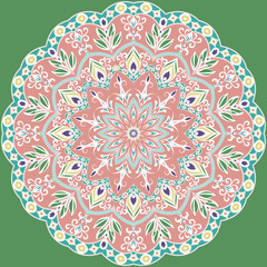 Mandala.  Multicolored ethnic ornament on a green background. Vector pattern on fabric, paper, glass.  Template for tattoo, henna pattern.