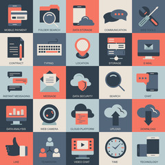 Set vector icons with elements for mobile concepts and web apps. Business and marketing, programming, data management, internet connection, social network, computing, information. Vector