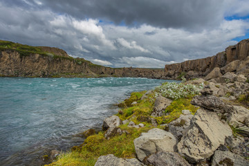 Fototapeta na wymiar Godafoss, waterfall of the gods, is one of the most spectacular waterfalls in Iceland.