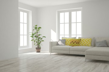 Stylish room in white color with sofa. Scandinavian interior design. 3D illustration