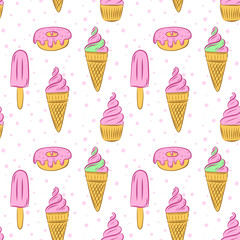 Seamless pattern of cupcakes, ice cream in a horn, popsicle and donut. Confectionery, sweet dessert.