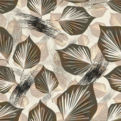 Seamless abstract pattern. Leaves in gray, brown and white on a translucent background. Grunge