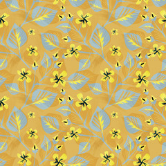 Seamless abstract pattern. Leaves and flowers in beige brown, yellow, blue and black.