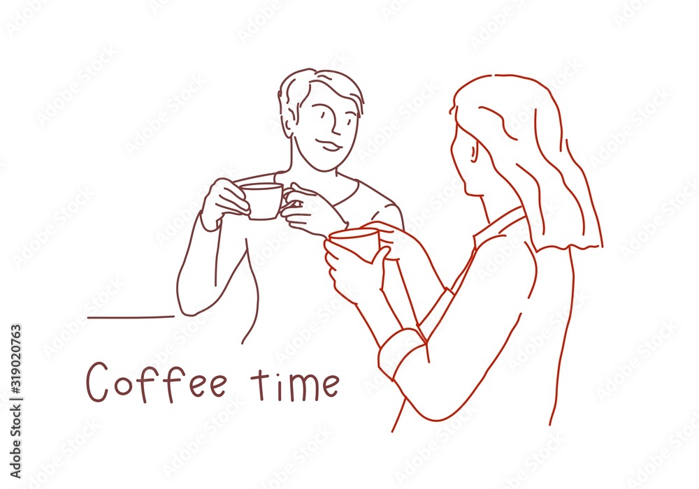 Wall mural Two girlfriends drinking coffee. Card. Line drawing vector illustration.