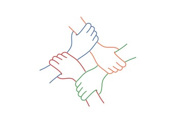 Teamwork. Four United Hands. Line drawing vector illustration.