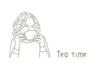 Young beautiful woman with cup. Line drawing vector illustration.