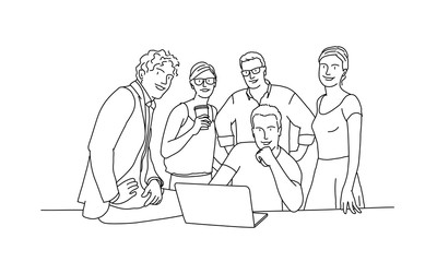 Team of five business people, two women, three men. Line drawing vector illustration.