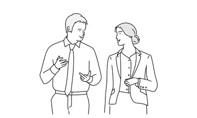 Business people are talking. Man and woman. Line drawing vector illustration.