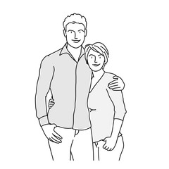 Happy couple cuddling. Line drawing vector illustration.