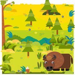 Obraz na płótnie Canvas cartoon forest scene with wild animal bison buffalo illustration for children