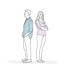 Sketch man and woman stand with their backs to each other. Hand drown vector illustration.