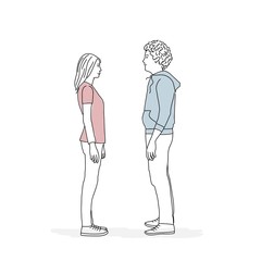 Sketch of people stand against each other. Man and woman. Vector illustration.