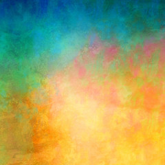 Colorful background in blue green orange yellow gold and red with mottled grunge texture in abstract background illustration design in impressionistic style painting, vibrant bold and bright colors