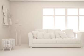 Mock up of stylish room in white color with sofa. Grey concept. Scandinavian interior design. 3D illustration
