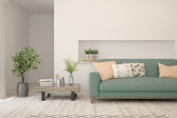 Stylish room in white color with sofa. Scandinavian interior design. 3D illustration
