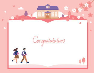Back to school concept. An empty book frame decorated with campus views of cherry blossoms. Two students in school uniforms are walking to school. Flat cartoon vector graphic illustration