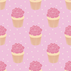 Seamless pattern of cupcakes with roses on top on a cute polka dot pink background.