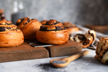 Bun with poppy seeds and milk on a concrete background