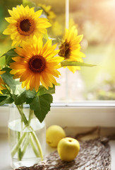 Bouquet sunflowers in glass vase at windowsill window. Still life of summer yellow flowers with apple and handbag. Sunny warm day.