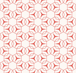 Vector geometric seamless pattern with thin lines, grid, triangles, small flower silhouettes, hexagonal lattice, mesh, net. Elegant red and white texture. Abstract background. Repeat decorative design
