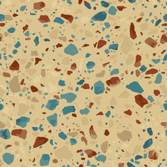 Vector terrazzo floor texture. Abstract seamless pattern of mosaic surface with natural stones, granite, marble, travertine. Classic Venetian flooring background. Green, brown, gold and beige colors