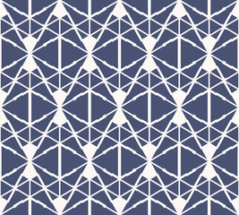 Vector abstract geometric seamless pattern. Navy blue and white background. Simple ornament with triangles, diamond shapes, net, grid. Stylish modern geometry texture. Repeated design for decor, print