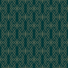 Vector golden lines pattern. Elegant geometric seamless texture with grid, diamonds, rhombuses, thin linear shapes. Abstract green and gold graphic ornament. Art deco style. Subtle repeat background