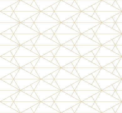 Golden lines pattern. Vector geometric seamless texture with subtle grid, thin lines, triangles, diamonds, rhombuses. Abstract gold and white graphic background. Art deco ornament. Delicate design