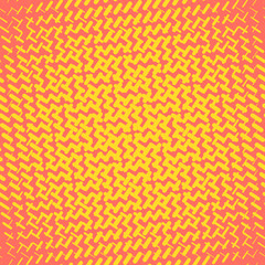 Vector geometric halftone seamless pattern with dash lines, mesh. Summer style abstract background in bright colors, coral and yellow. Modern sporty design. Stylish pop art texture. Repeat design