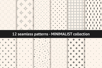 Set of minimalist seamless patterns. Vector geometric textures with small elements, dots, lines, flowers, diamonds. Collection of black and white minimal abstract background swatches. Modern design