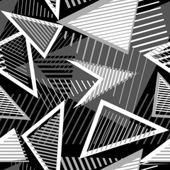 Abstract monochrome seamless pattern. Sport style texture with chaotic shapes, triangles, arrows, lines, stripes. Urban art vector background. Repeatable design for tileable print, decor, wallpapers