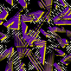 Abstract seamless geometric pattern. Colorful sport style vector illustration. Modern urban art grunge texture with chaotic lines, triangles, checkers, brush strokes. Black, purple and yellow color