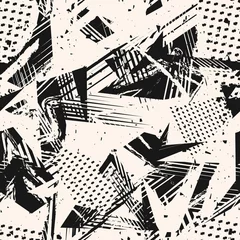 Papier peint Style rétro Modèle sans couture de grunge monochrome abstrait. Texture d& 39 art urbain avec des éclaboussures de peinture, des formes chaotiques, des lignes, des points, des triangles, des patchs. Fond de vecteur de style graffiti noir et blanc. Répéter la conceptio