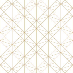 Gouden lijnenpatroon. Vector geometrische naadloze textuur met delicate raster, dunne lijnen, diamanten, ruiten, vierkanten. Abstracte gouden en witte grafische achtergrond. Art deco sieraad. Subtiel ontwerp