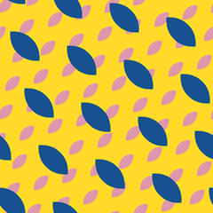 Vector colorful geometric seamless pattern. Simple abstract minimalist texture with small shapes, leaves, drops. Minimal funky background. Yellow, pink and navy blue colors. Summer style repeat design