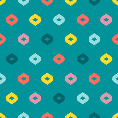 Vector colorful geometric seamless pattern. Simple abstract minimalist texture with small petals, dots, diamond shapes. Minimal funky background. Green, yellow, blue, pink and coral colored design