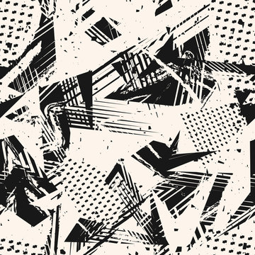 Abstract monochrome grunge seamless pattern. Urban art texture with paint splashes, chaotic shapes, lines, dots, triangles, patches. Black and white graffiti style vector background. Repeat design © Olgastocker