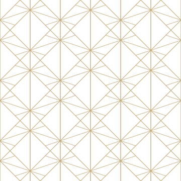 Golden lines pattern. Vector geometric seamless texture with delicate grid, thin lines, diamonds, rhombuses, squares. Abstract gold and white graphic background. Art deco ornament. Subtle design 