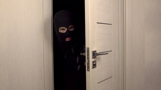 The robber stole a pack of dollars. The masked bandit carefully entered through the door to the room and disappeared.