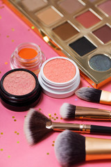 Flat lay of Makeup cosmetic product on pink background