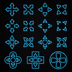 Neon game sign set on transparent background. Blue light arrow cursor icons. Retro 80s neon gaming style. Controller keys with direction cross on and off buttons on gamepad. Bright vector illustration