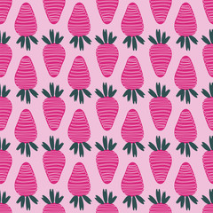 Seamless pattern of delicious chocolate covered strawberries on a pink background.