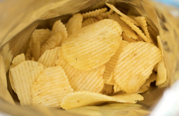 Potato chips is snack in bag ready to eat and fat food or junk food., Potato Chips in a Ready-to-Eat Bag