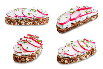 Radish avocado and ricotta avocado  rye sandwiches on a white isolated background