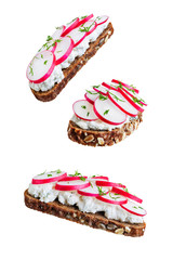 Radish avocado and ricotta avocado  rye sandwiches on a white isolated background